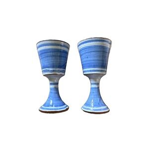 Pair of‎ Studio Pottery Blue White Banded Stoneware Goblets Artisan Chalices